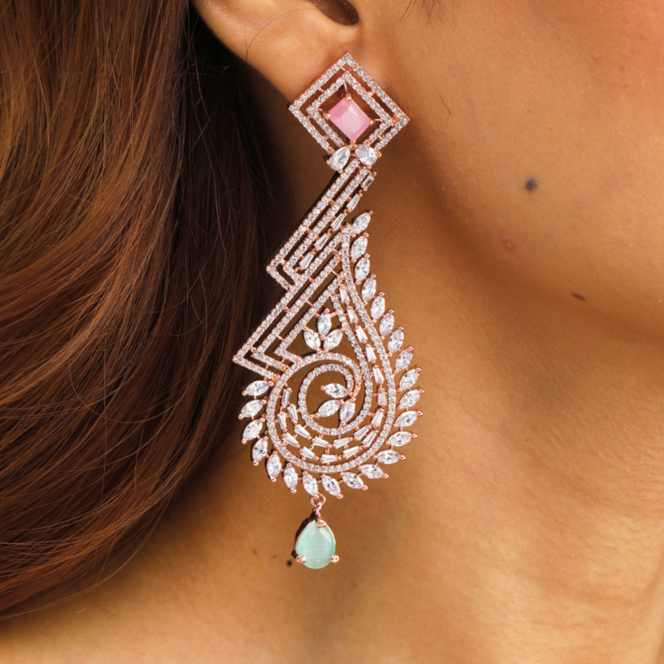 Spiral Diamond and Pink Stone Statement Earrings