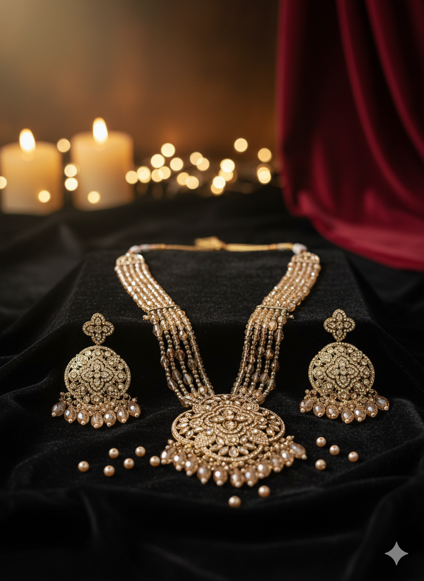 Golden Beaded Long Necklace Set