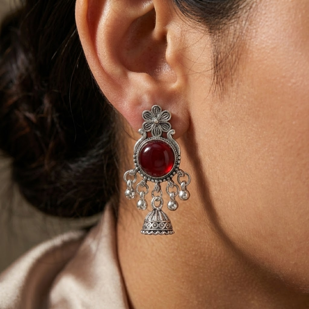 Oxidised Silver Red Stone Jhumka Earrings with Floral Stud | Traditional Tribal Style Earrings for Women