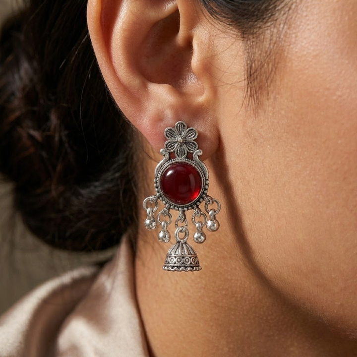 Oxidised Silver Red Stone Jhumka Earrings with Floral Stud | Traditional Tribal Style Earrings for Women