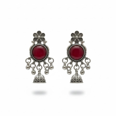 Oxidised Silver Red Stone Jhumka Earrings with Floral Stud | Traditional Tribal Style Earrings for Women