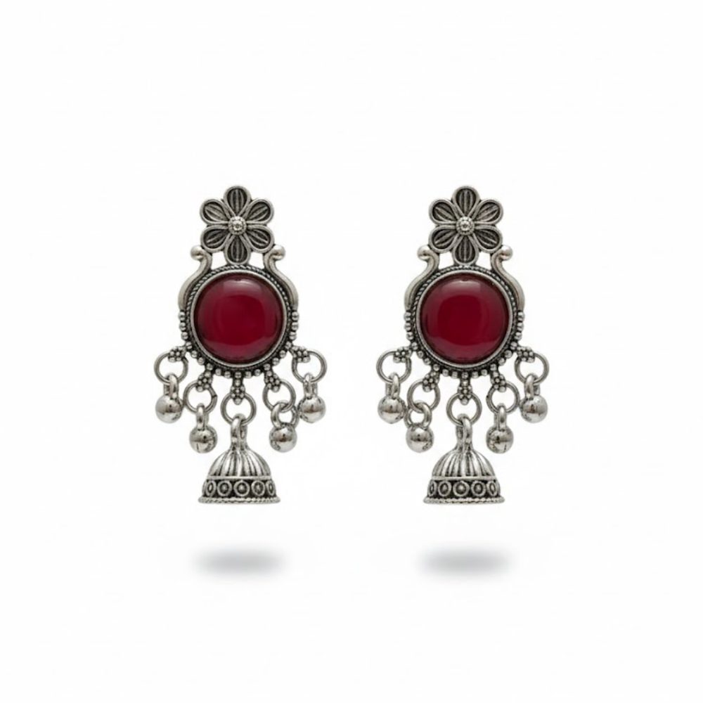 Oxidised Silver Red Stone Jhumka Earrings with Floral Stud | Traditional Tribal Style Earrings for Women