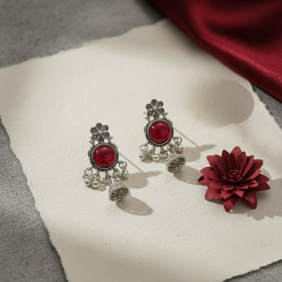 Oxidised Silver Red Stone Jhumka Earrings with Floral Stud | Traditional Tribal Style Earrings for Women
