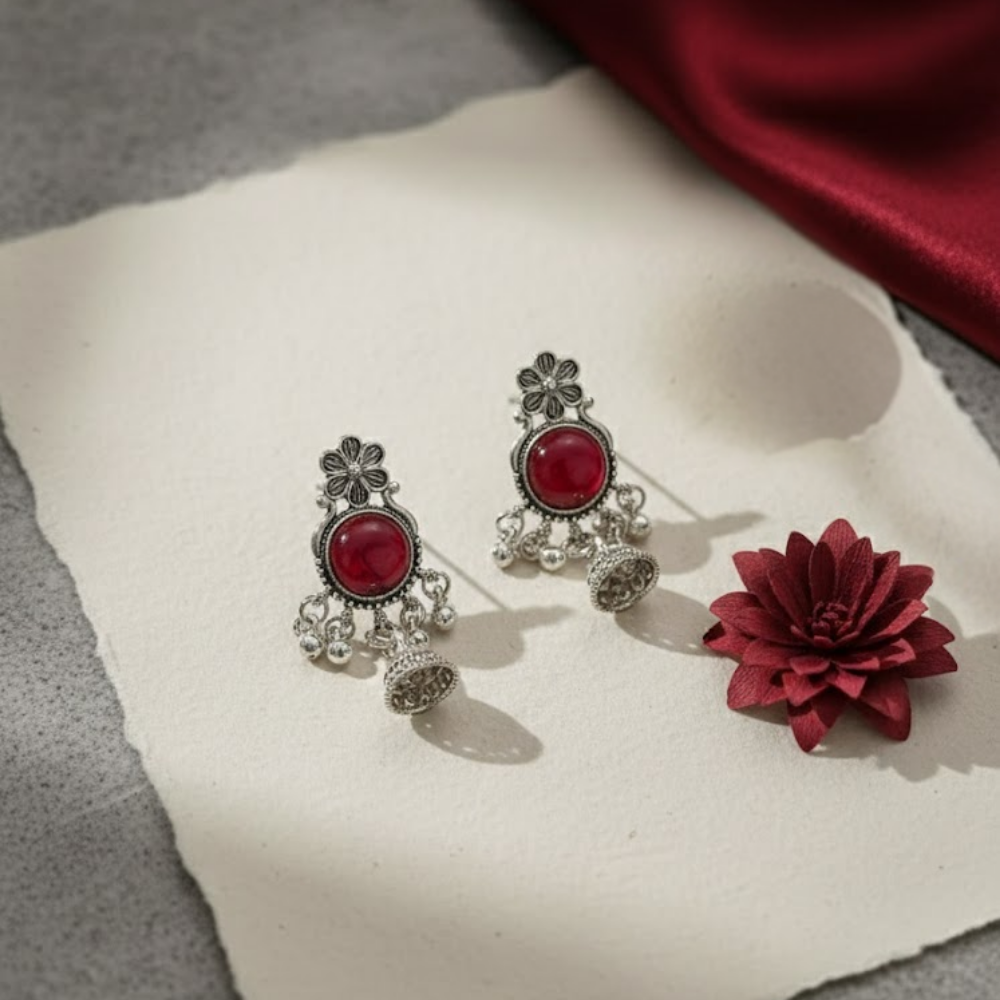 Oxidised Silver Red Stone Jhumka Earrings with Floral Stud | Traditional Tribal Style Earrings for Women