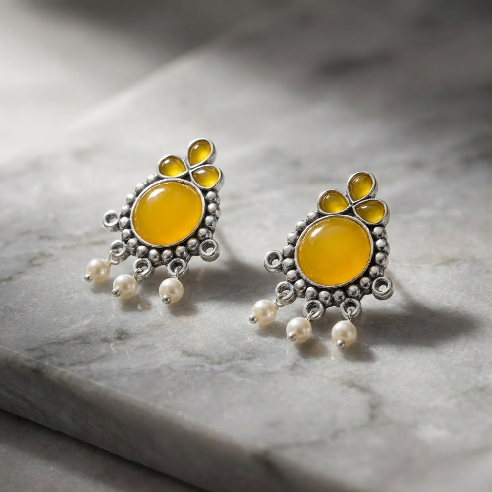 Mustard Yellow Stone Oxidised Silver Stud Earrings with Pearl Drops – Ethnic Boho Statement Earrings
