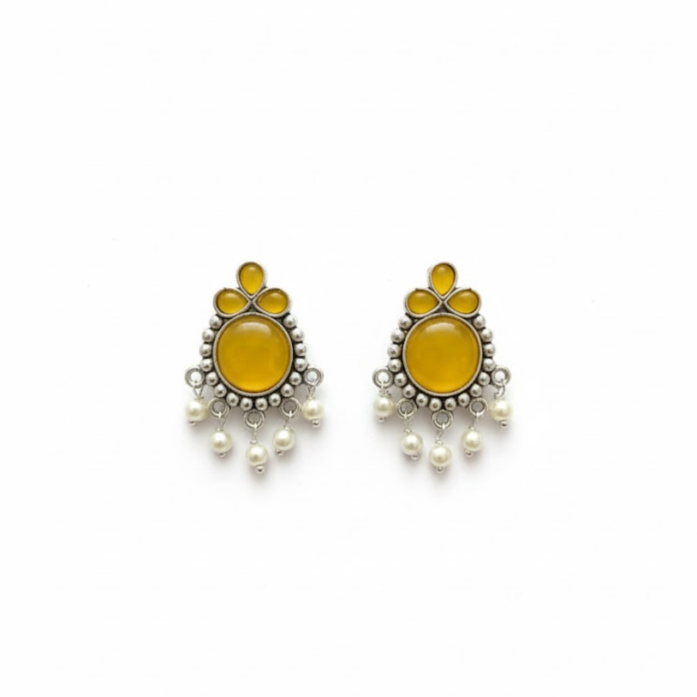 Mustard Yellow Stone Oxidised Silver Stud Earrings with Pearl Drops – Ethnic Boho Statement Earrings