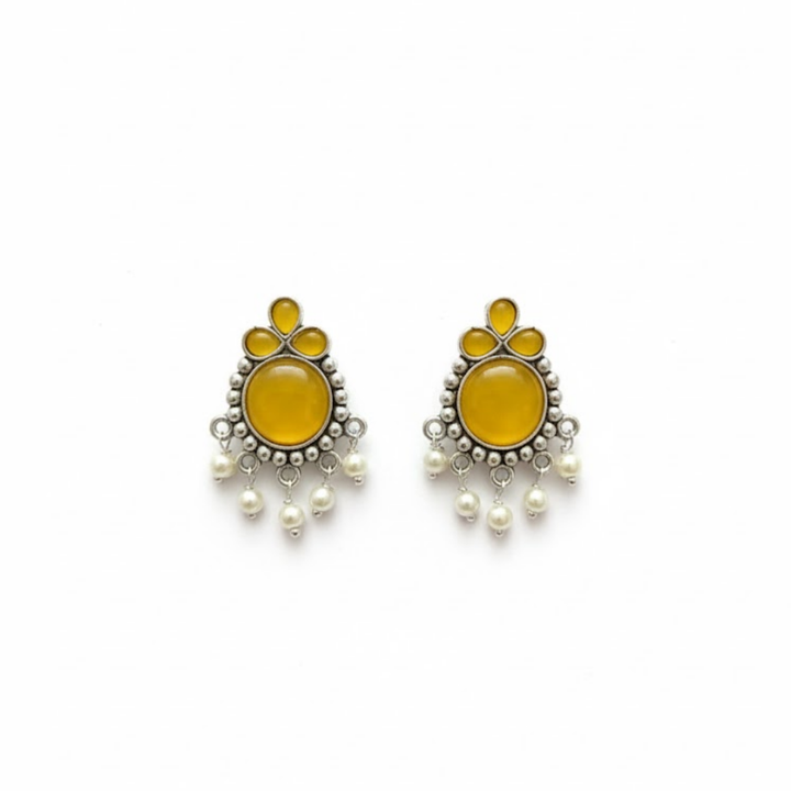 Mustard Yellow Stone Oxidised Silver Stud Earrings with Pearl Drops – Ethnic Boho Statement Earrings