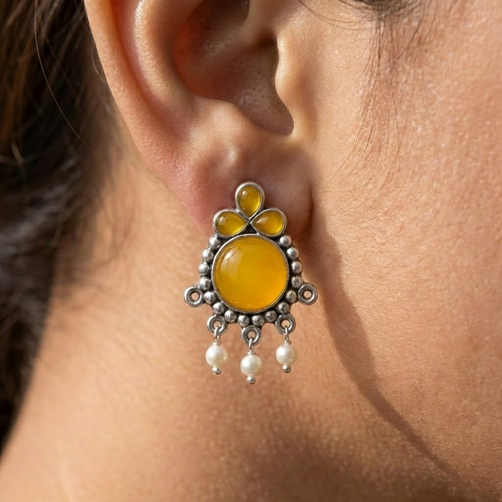 Mustard Yellow Stone Oxidised Silver Stud Earrings with Pearl Drops – Ethnic Boho Statement Earrings