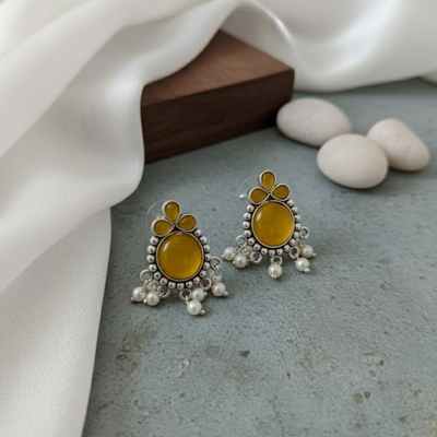 Mustard Yellow Stone Oxidised Silver Stud Earrings with Pearl Drops – Ethnic Boho Statement Earrings