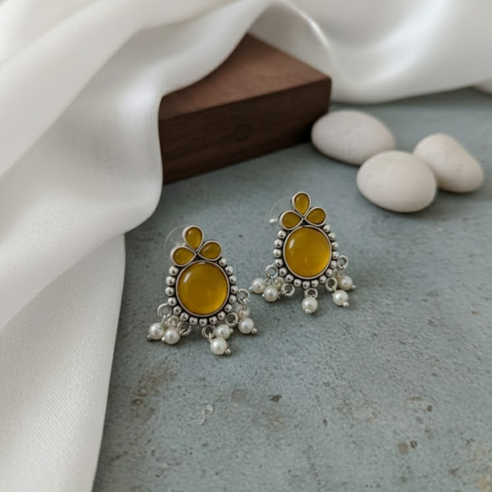 Mustard Yellow Stone Oxidised Silver Stud Earrings with Pearl Drops – Ethnic Boho Statement Earrings