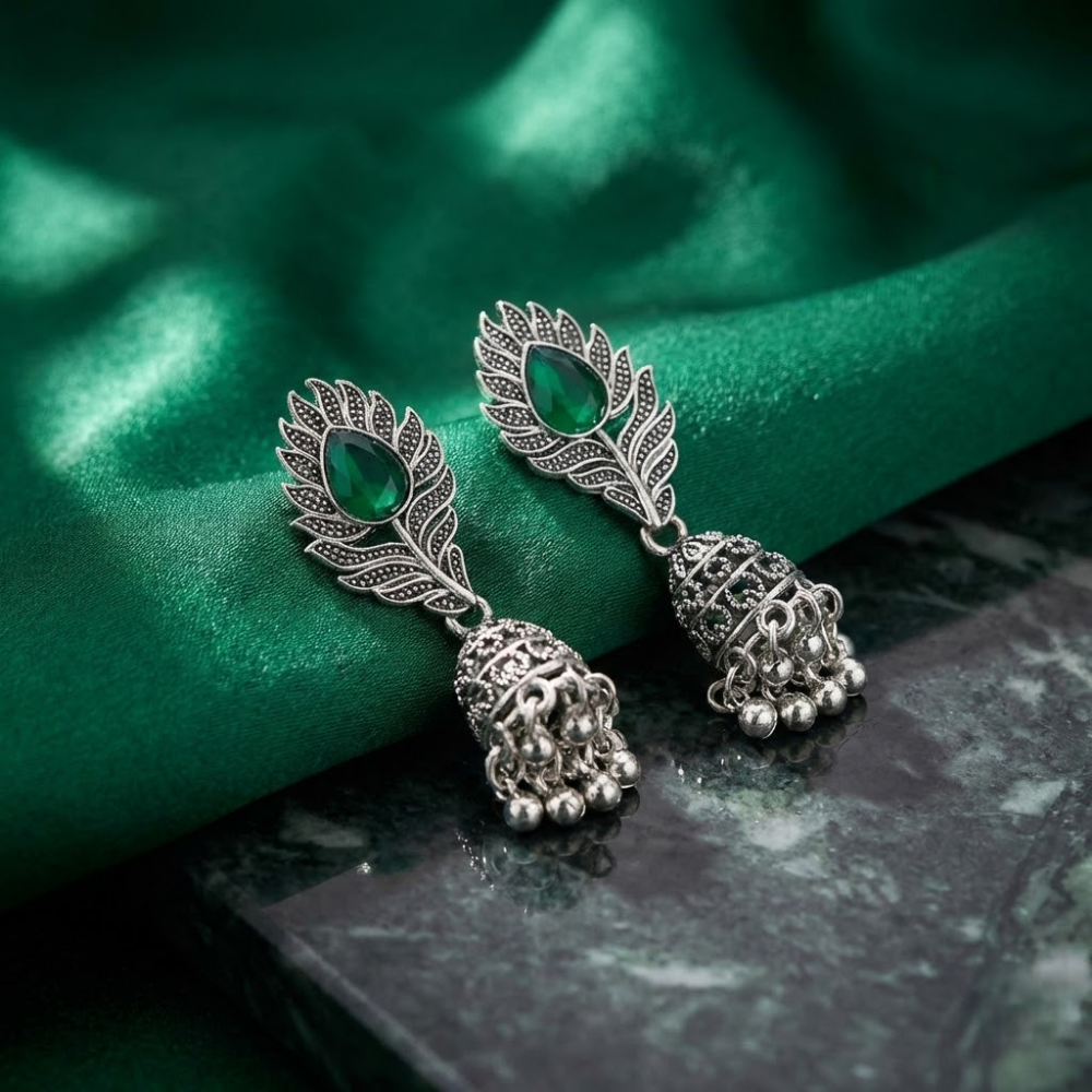 Oxidised Silver Peacock Feather Jhumka Earrings with Green Stone – Traditional Ethnic Dangler Earrings for Women