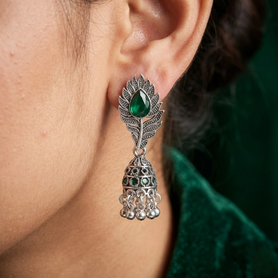 Oxidised Silver Peacock Feather Jhumka Earrings with Green Stone – Traditional Ethnic Dangler Earrings for Women