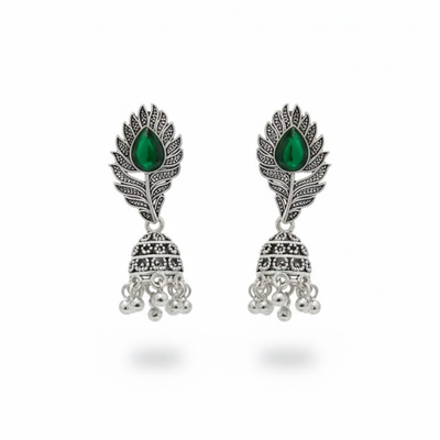 Oxidised Silver Peacock Feather Jhumka Earrings with Green Stone – Traditional Ethnic Dangler Earrings for Women