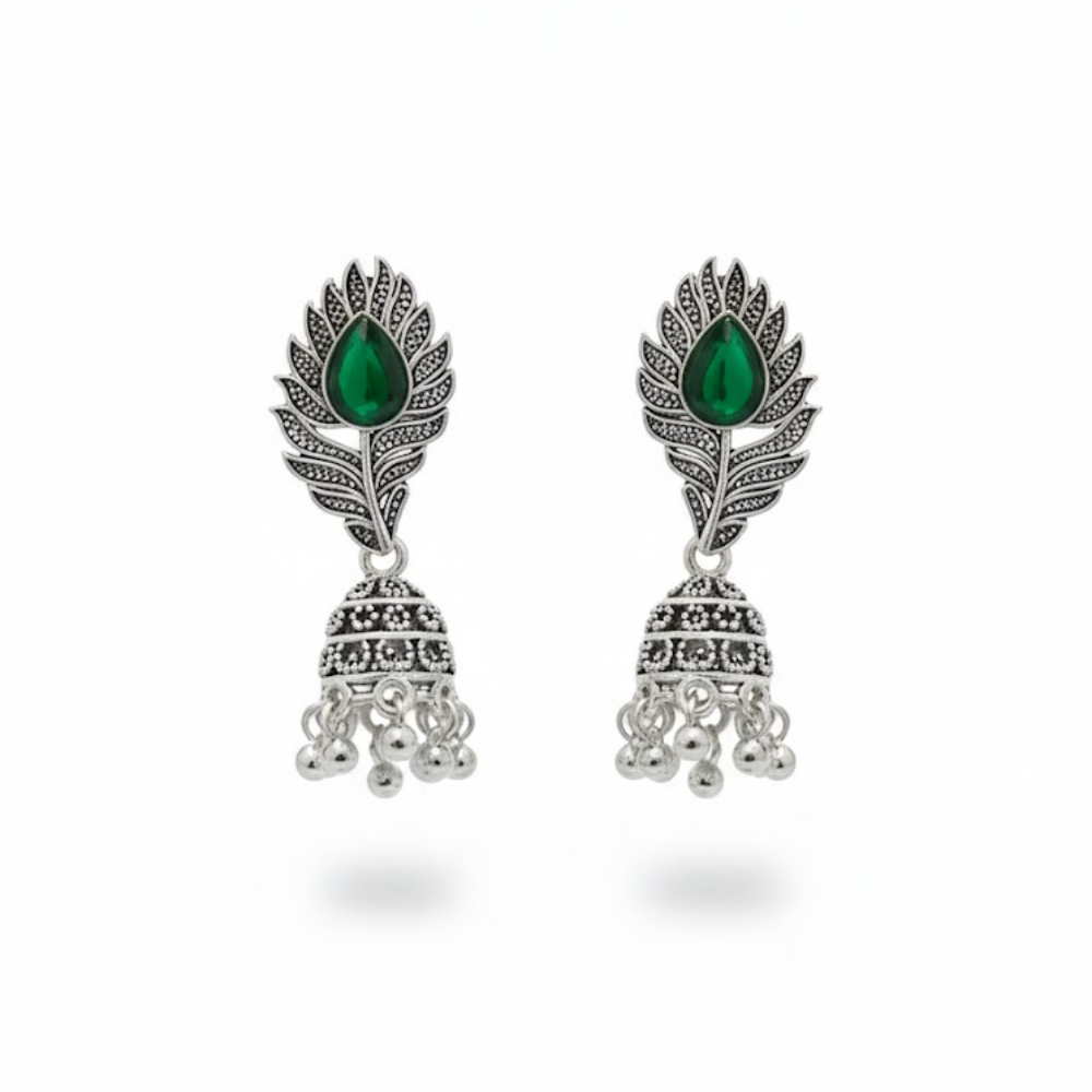 Oxidised Silver Peacock Feather Jhumka Earrings with Green Stone – Traditional Ethnic Dangler Earrings for Women