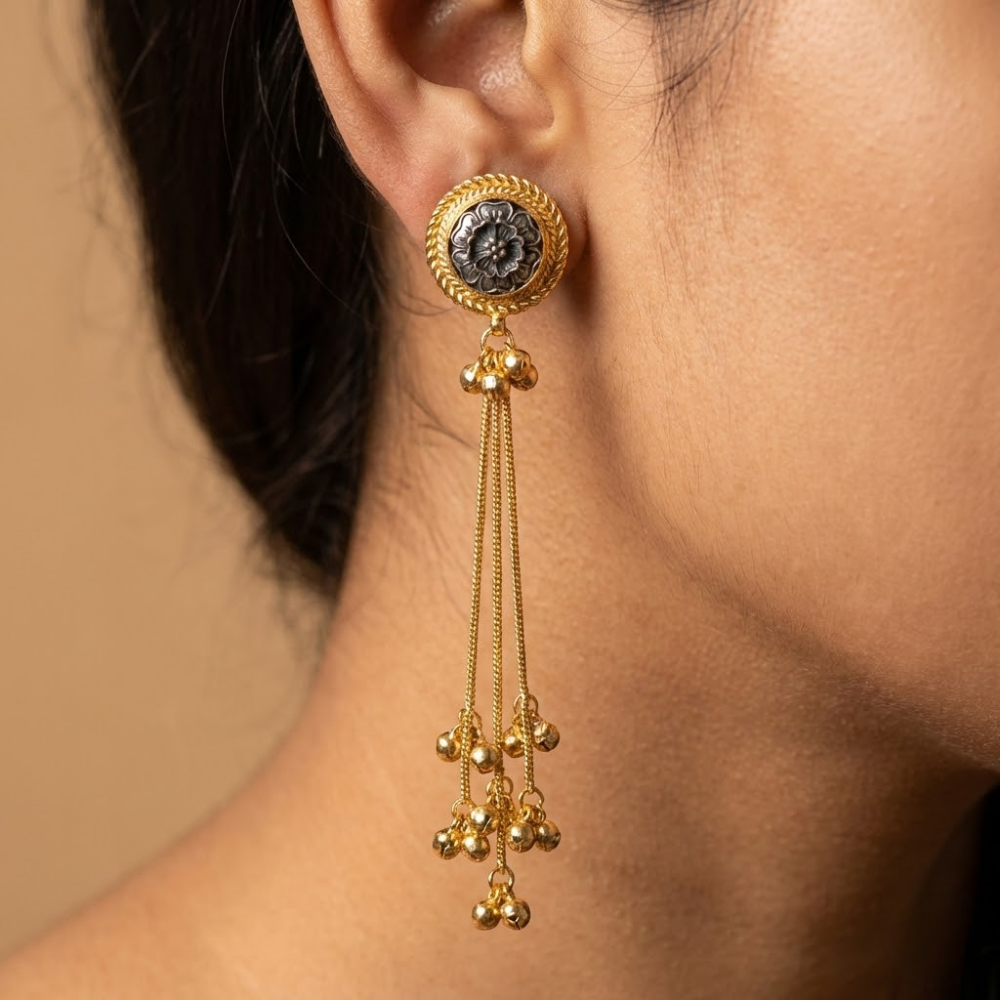 Antique Floral Coin Drop Earrings with Multi-Chain Ghungroo Tassels – Gold Finish Statement Studs