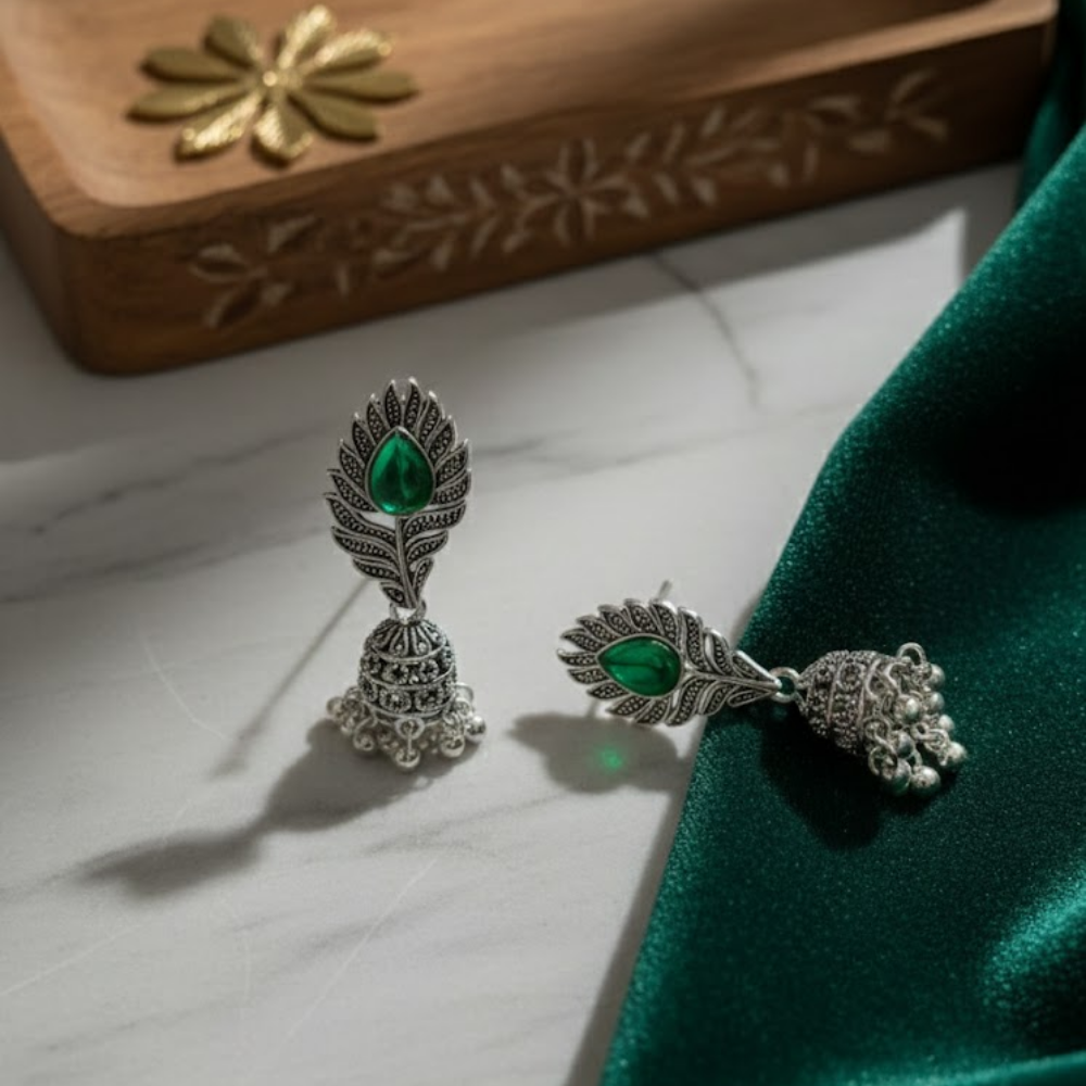 Oxidised Silver Peacock Feather Jhumka Earrings with Green Stone – Traditional Ethnic Dangler Earrings for Women