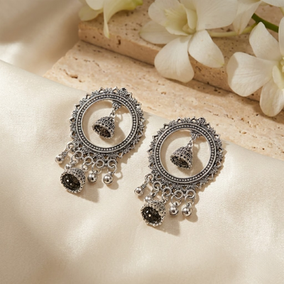 Oxidised Silver Circular Chandbali Earrings with Mini Jhumki Drops | Boho Tribal Statement Earrings
