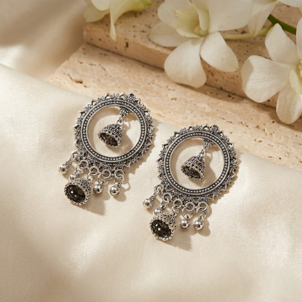 Oxidised Silver Circular Chandbali Earrings with Mini Jhumki Drops | Boho Tribal Statement Earrings