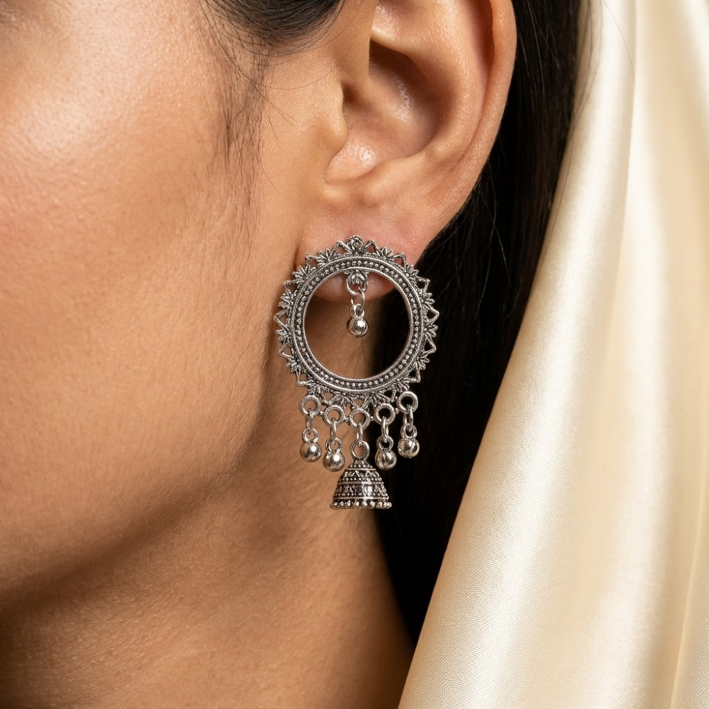 Oxidised Silver Circular Chandbali Earrings with Mini Jhumki Drops | Boho Tribal Statement Earrings