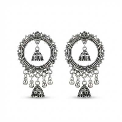Oxidised Silver Circular Chandbali Earrings with Mini Jhumki Drops | Boho Tribal Statement Earrings