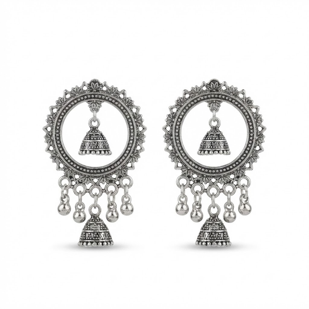 Oxidised Silver Circular Chandbali Earrings with Mini Jhumki Drops | Boho Tribal Statement Earrings
