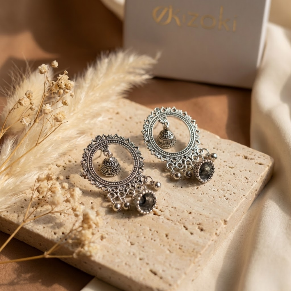 Oxidised Silver Circular Chandbali Earrings with Mini Jhumki Drops | Boho Tribal Statement Earrings