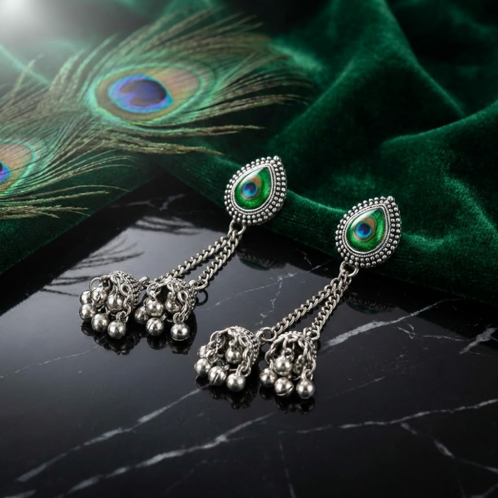 Oxidised Silver Peacock Eye Jhumka Chain Earrings with Green Enamel Studs – Traditional Statement Danglers for Women