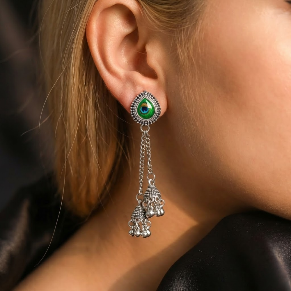 Oxidised Silver Peacock Eye Jhumka Chain Earrings with Green Enamel Studs – Traditional Statement Danglers for Women
