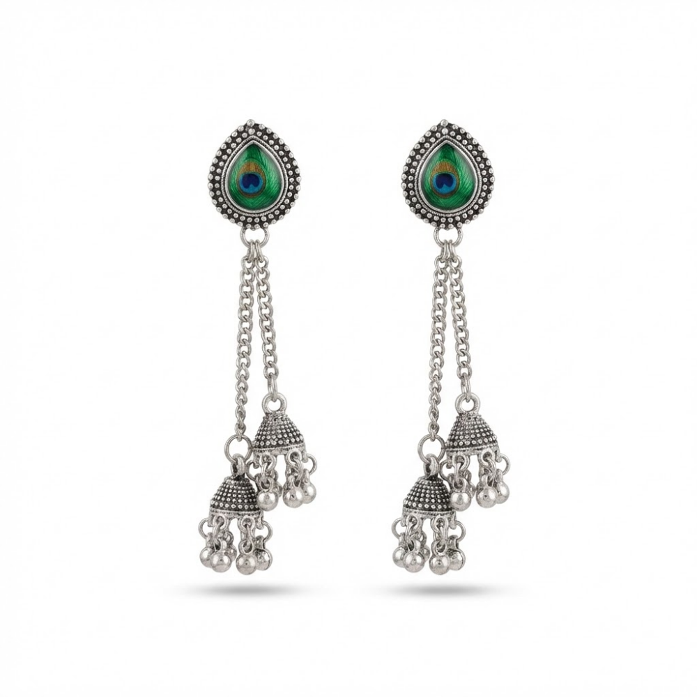 Oxidised Silver Peacock Eye Jhumka Chain Earrings with Green Enamel Studs – Traditional Statement Danglers for Women