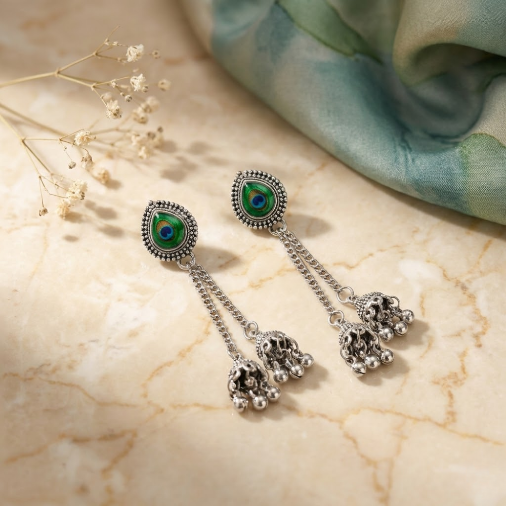 Oxidised Silver Peacock Eye Jhumka Chain Earrings with Green Enamel Studs – Traditional Statement Danglers for Women