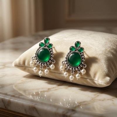 Emerald Green Stone Pearl Drop Stud Earrings in Silver Finish | Elegant Ethnic Party Wear Earrings for Women