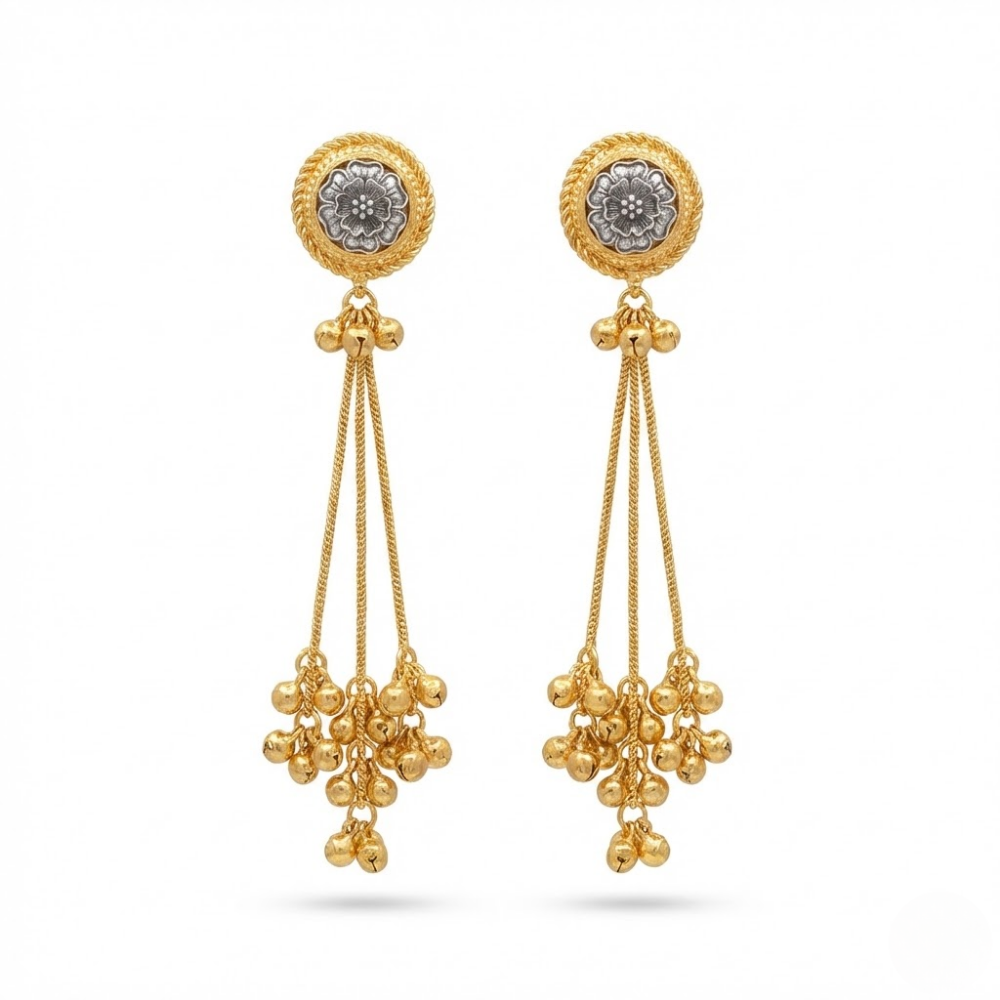 Antique Floral Coin Drop Earrings with Multi-Chain Ghungroo Tassels – Gold Finish Statement Studs