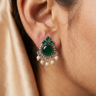 Emerald Green Stone Pearl Drop Stud Earrings in Silver Finish | Elegant Ethnic Party Wear Earrings for Women