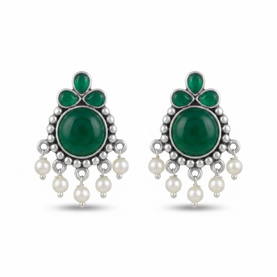 Emerald Green Stone Pearl Drop Stud Earrings in Silver Finish | Elegant Ethnic Party Wear Earrings for Women
