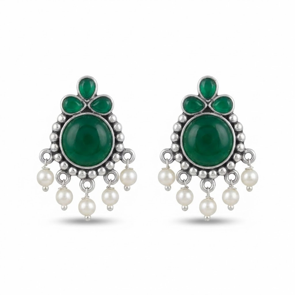 Emerald Green Stone Pearl Drop Stud Earrings in Silver Finish | Elegant Ethnic Party Wear Earrings for Women