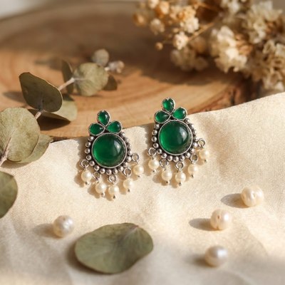 Emerald Green Stone Pearl Drop Stud Earrings in Silver Finish | Elegant Ethnic Party Wear Earrings for Women