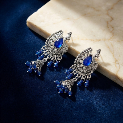 Oxidised Silver Peacock Earrings with Royal Blue Stone & Beaded Drops – Traditional Statement Dangler Earrings