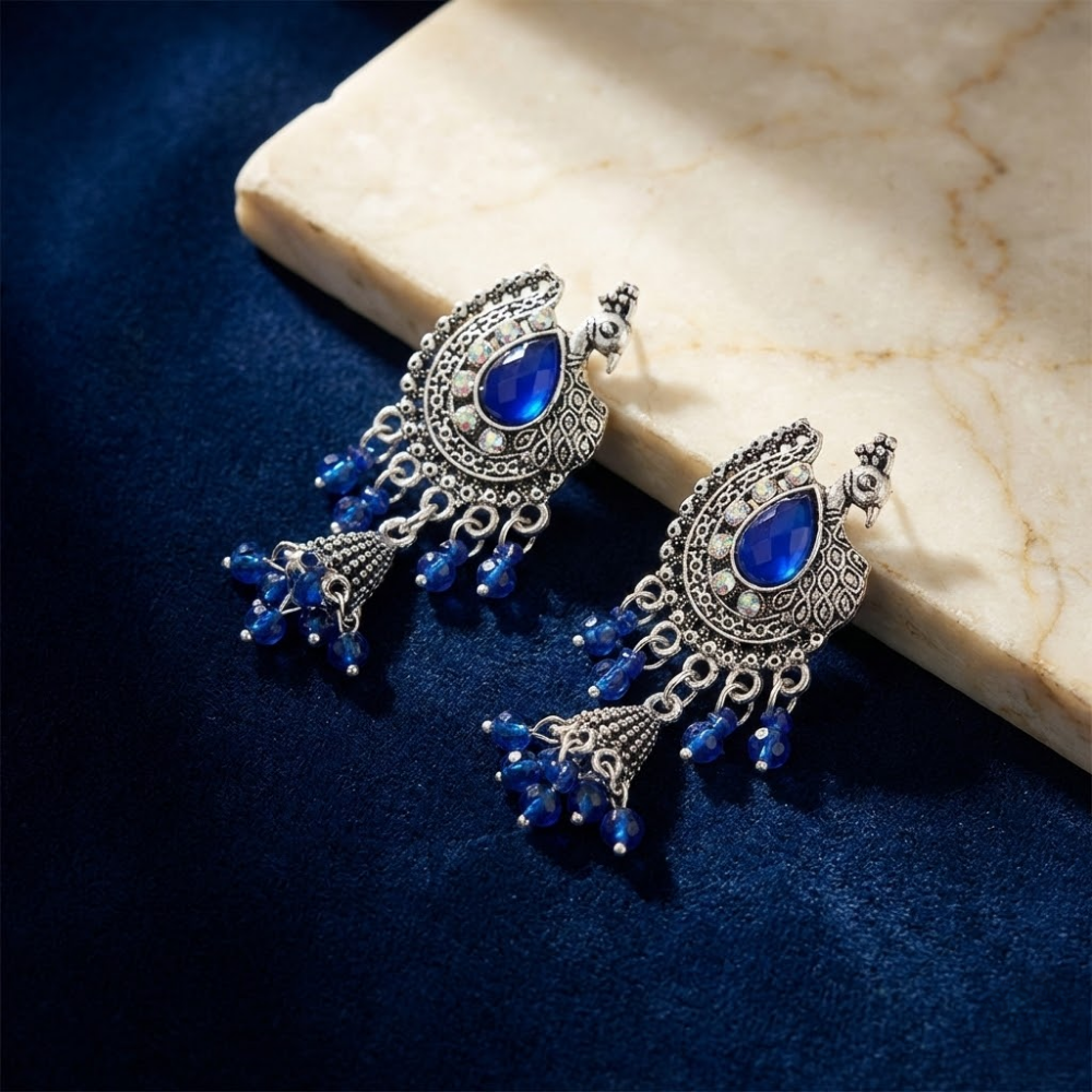Oxidised Silver Peacock Earrings with Royal Blue Stone & Beaded Drops – Traditional Statement Dangler Earrings