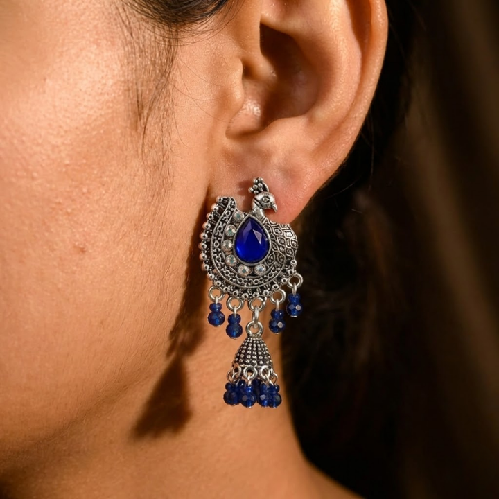 Oxidised Silver Peacock Earrings with Royal Blue Stone & Beaded Drops – Traditional Statement Dangler Earrings