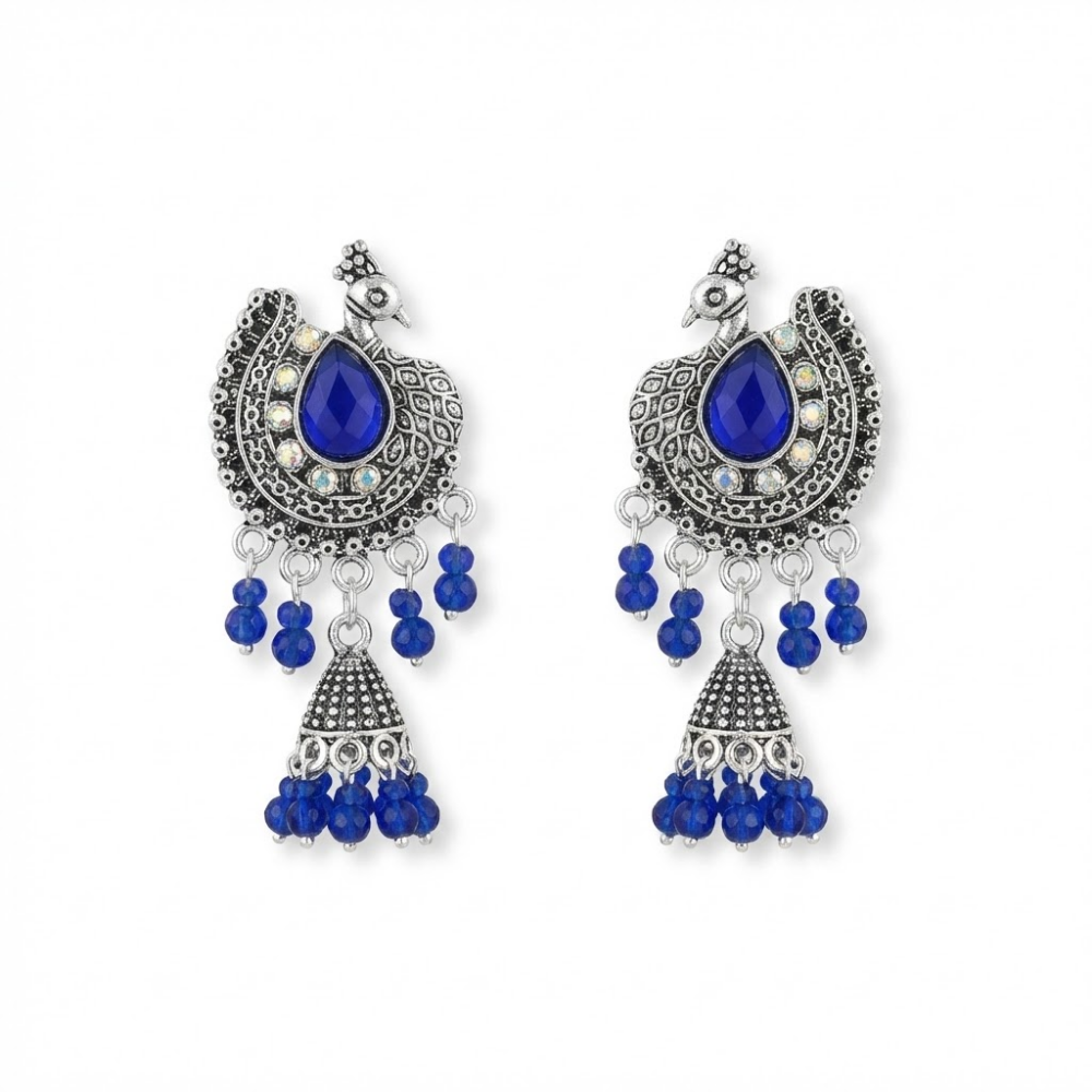 Oxidised Silver Peacock Earrings with Royal Blue Stone & Beaded Drops – Traditional Statement Dangler Earrings