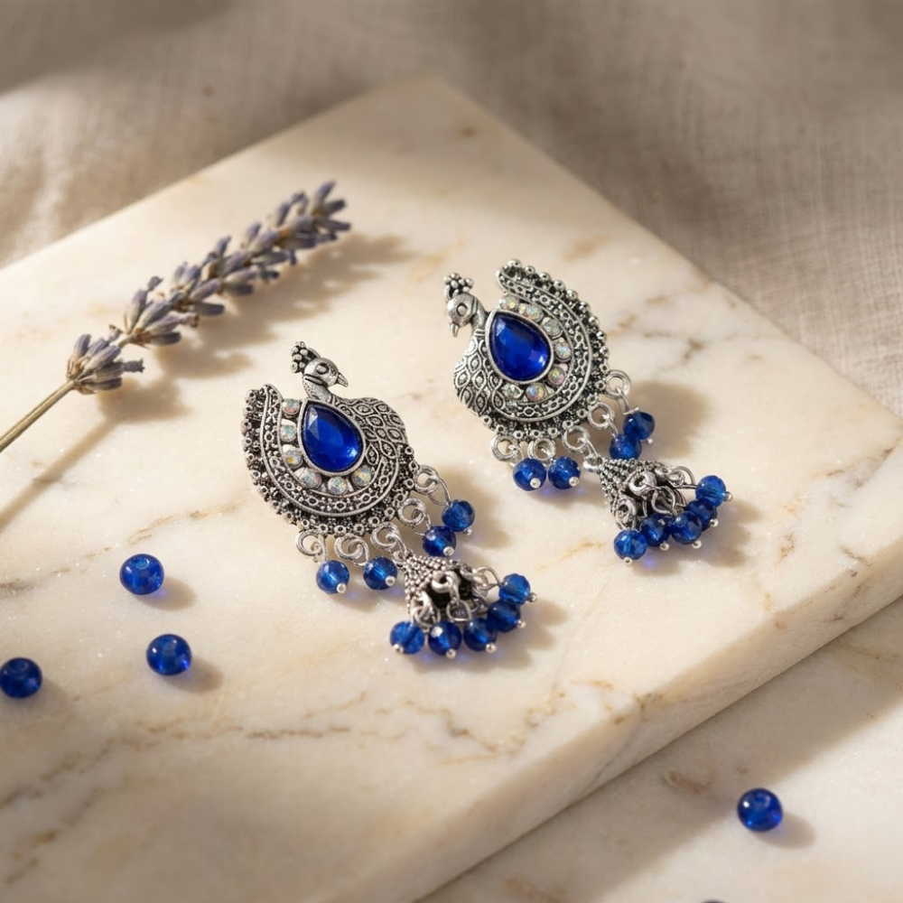 Oxidised Silver Peacock Earrings with Royal Blue Stone & Beaded Drops – Traditional Statement Dangler Earrings