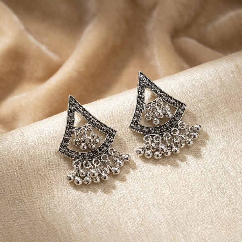 Oxidised Silver Triangle Chandelier Earrings with Ghungroo Drops – Boho Tribal Statement Studs for Women