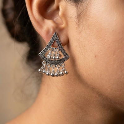 Oxidised Silver Triangle Chandelier Earrings with Ghungroo Drops – Boho Tribal Statement Studs for Women