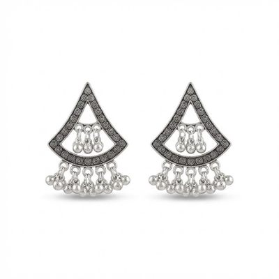 Oxidised Silver Triangle Chandelier Earrings with Ghungroo Drops – Boho Tribal Statement Studs for Women