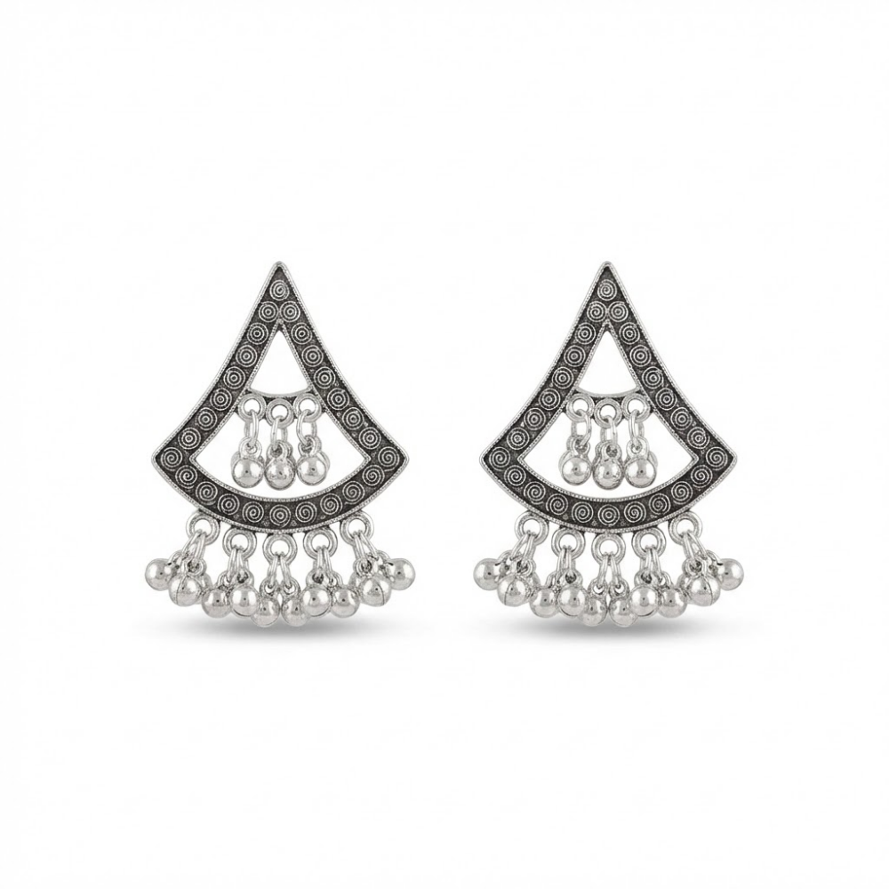 Oxidised Silver Triangle Chandelier Earrings with Ghungroo Drops – Boho Tribal Statement Studs for Women