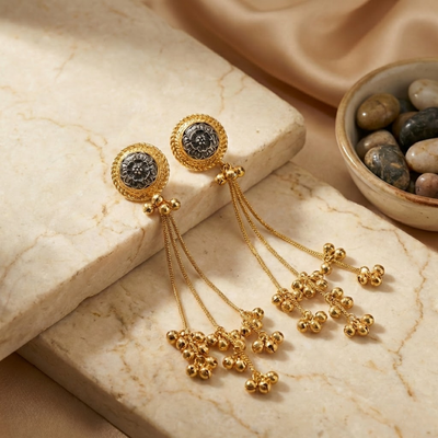 Antique Floral Coin Drop Earrings with Multi-Chain Ghungroo Tassels – Gold Finish Statement Studs