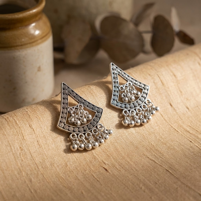 Oxidised Silver Triangle Chandelier Earrings with Ghungroo Drops – Boho Tribal Statement Studs for Women