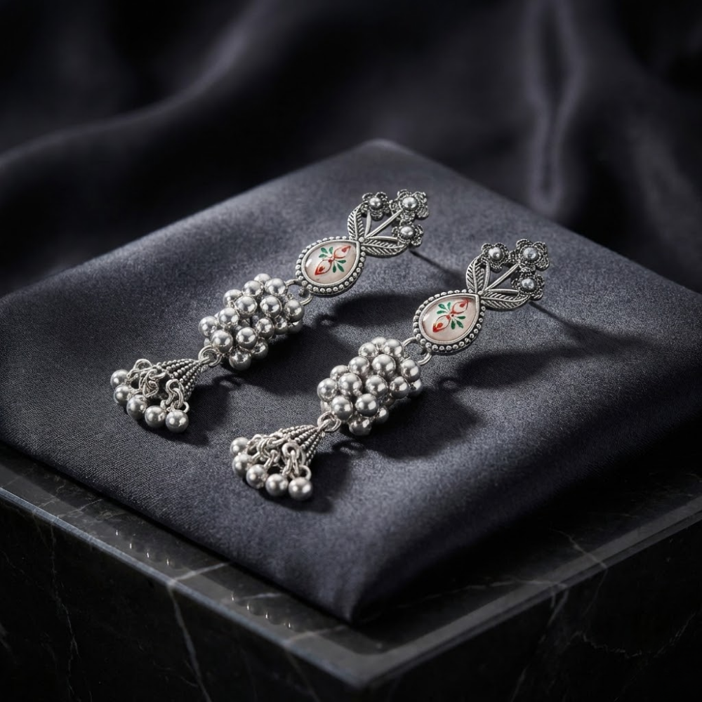 Oxidised Silver Floral Enamel Drop Earrings with Ghungroo Tassels | Vintage Ethnic Statement Earrings