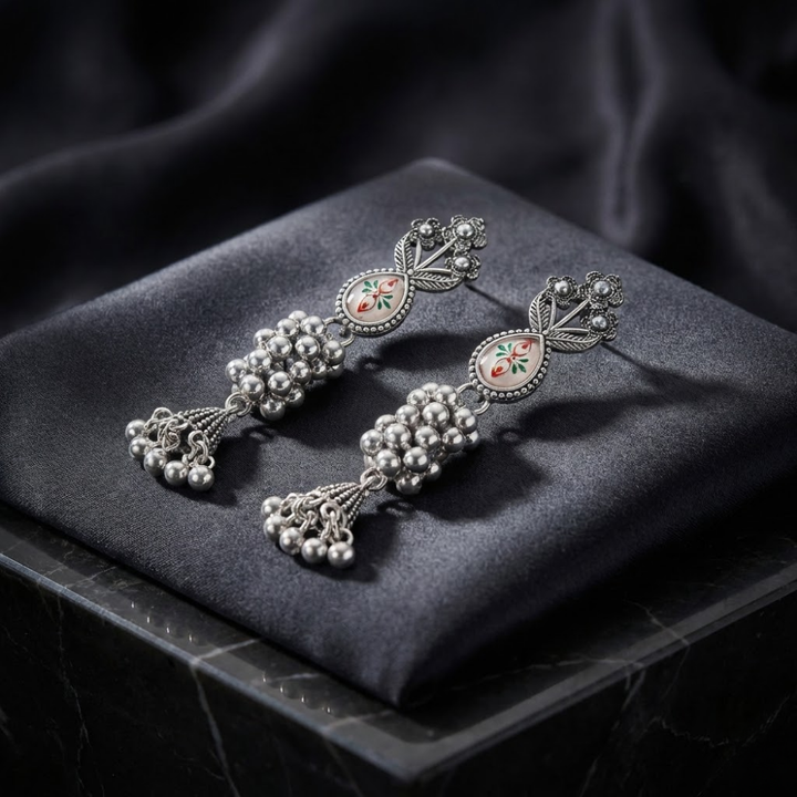 Oxidised Silver Floral Enamel Drop Earrings with Ghungroo Tassels | Vintage Ethnic Statement Earrings
