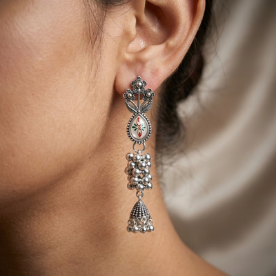 Oxidised Silver Floral Enamel Drop Earrings with Ghungroo Tassels | Vintage Ethnic Statement Earrings